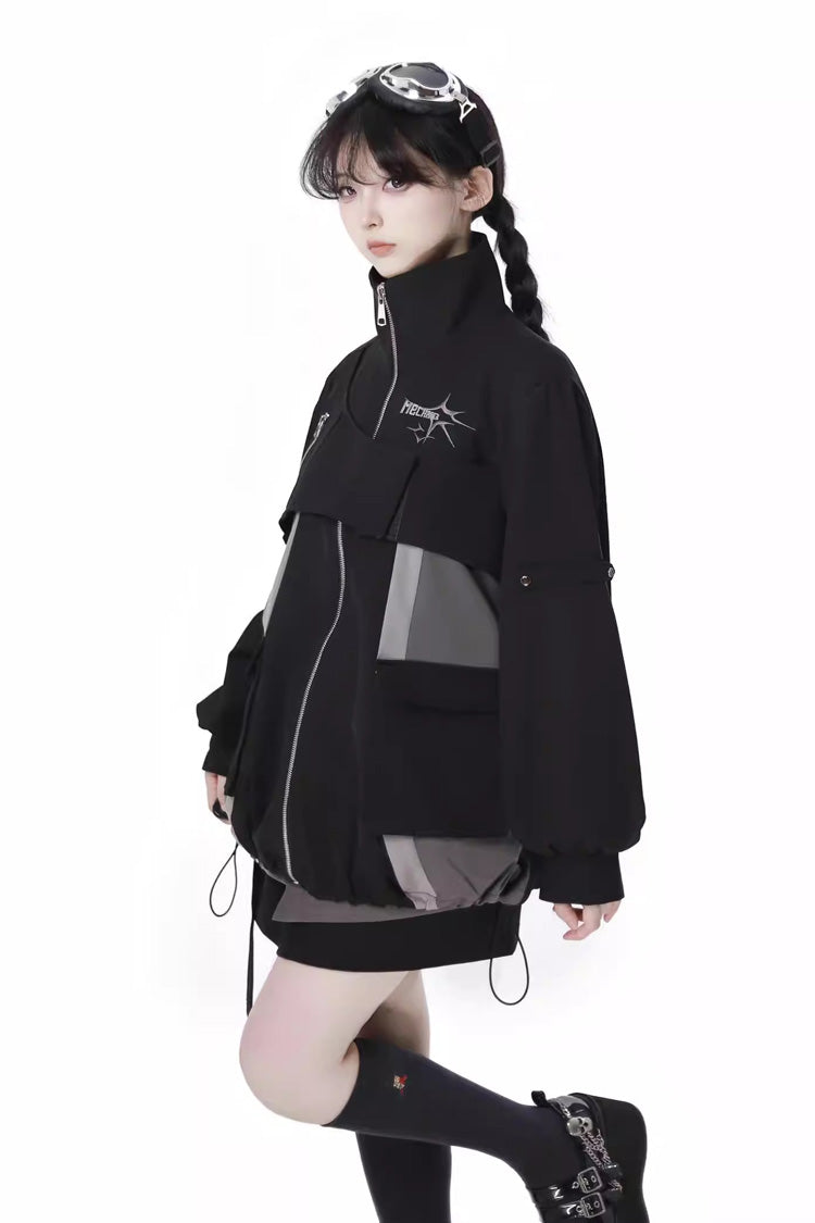 Techwear Long Sleeves Spliced Zippered Gothic Jirai Kei Skirt and Coat Set