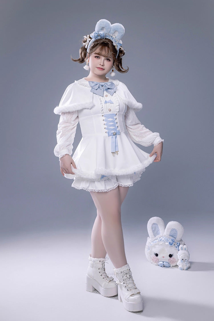 White Long Sleeve Ruffled Bow Lace-Up Jirai Kei Plush Set