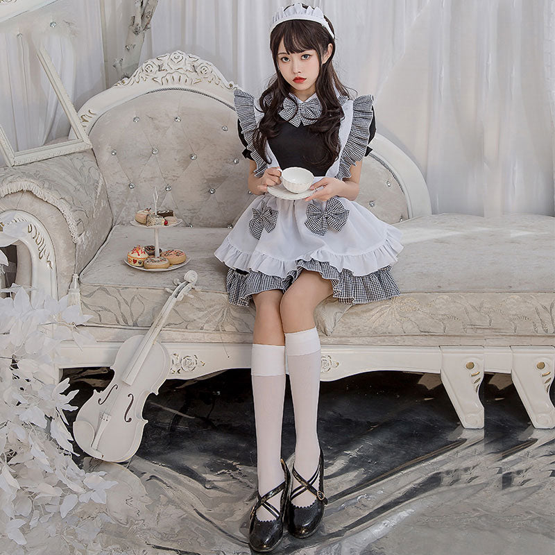 Kawaii Plaid Bow Tie Lolita Maid Ruffle Costume Dress