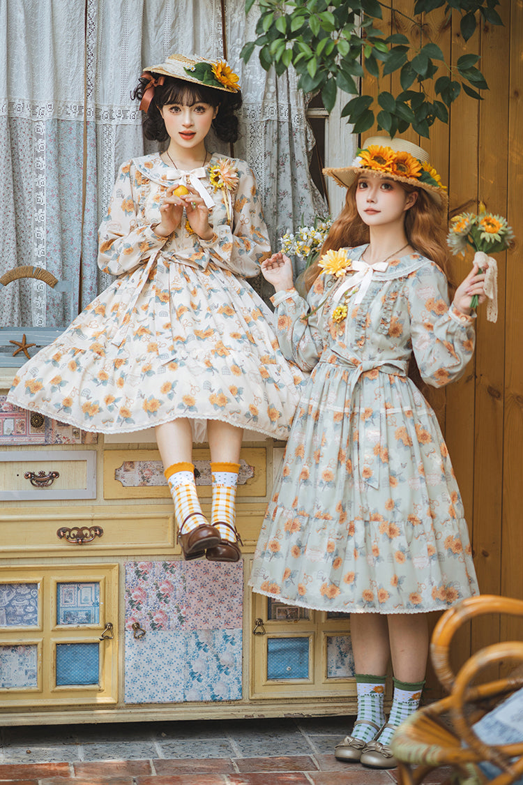 Apricot Sunflower Long Sleeve Floral Bow Elegant Lolita Dress