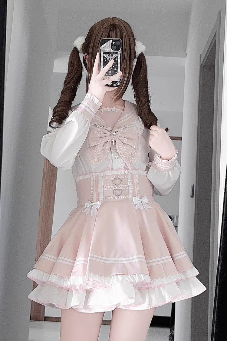 Navy Collar Long Sleeves Triple-Layered Ruffled Bow Sweet Jirai Kei Japanese Skirt Set