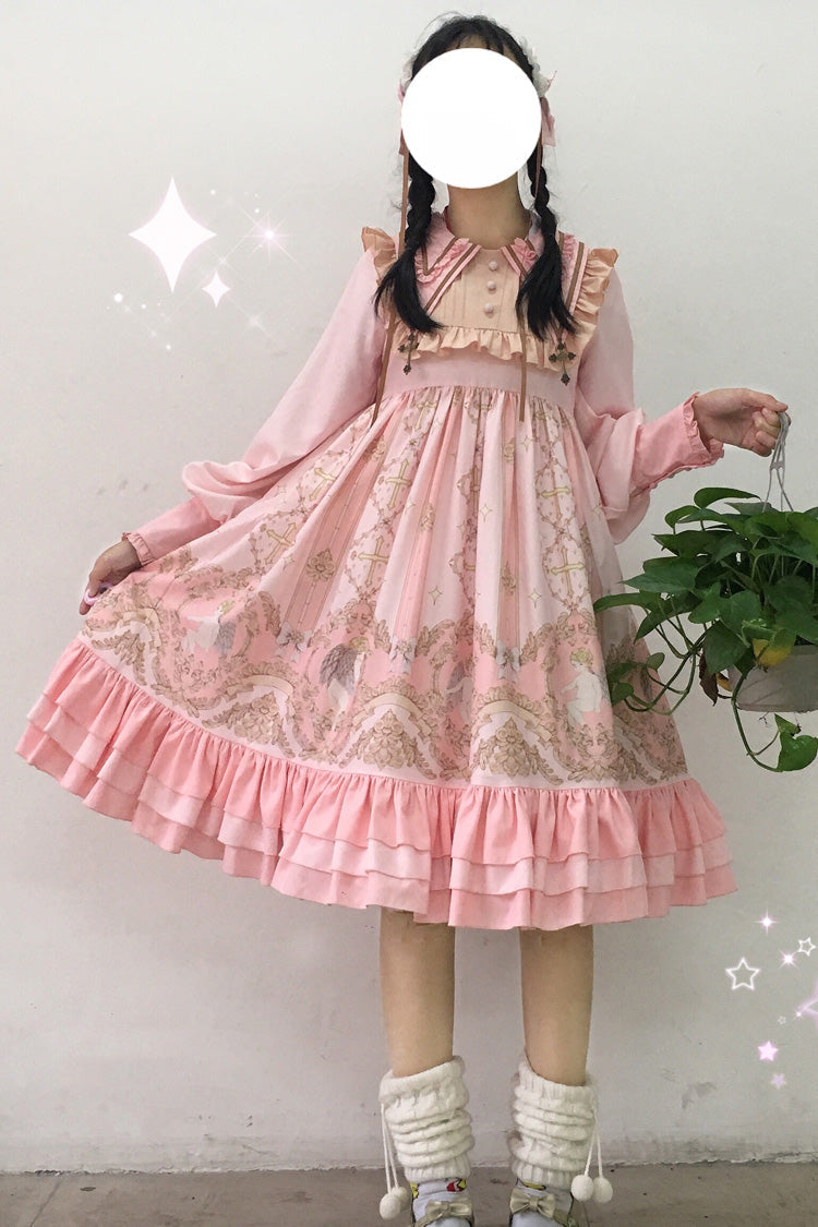 Angel Print Long Sleeve Sweet Lolita Dress with Bow and Ruffles