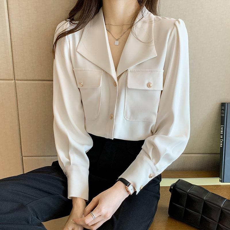 White Casual Lapel Neck Pocket Shirt