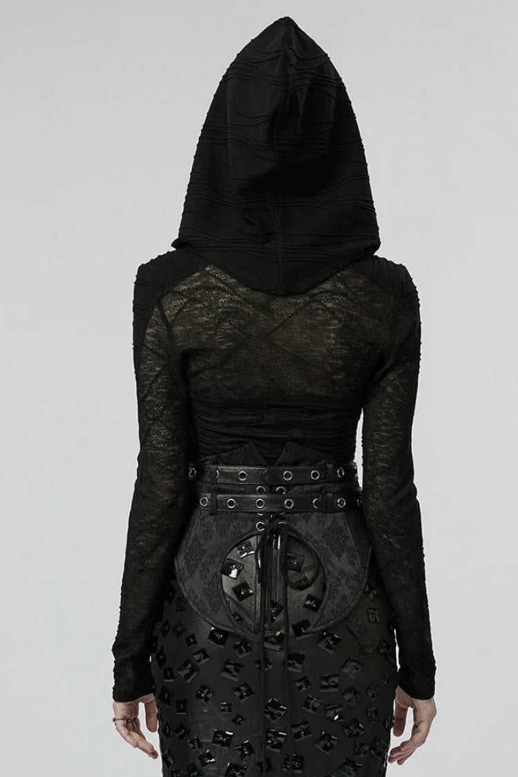 Women's Steampunk Jacket with Hollow Stretch-Knit Stitching Detachable Hooded Stripe Buckles