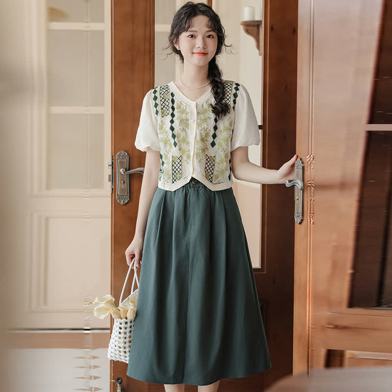 Green Graphic Embroidery Puff Sleeve T-Shirt High Waist Skirt