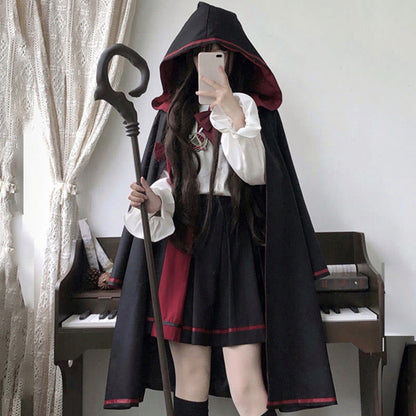 Long Sleeve Shirt Pleated Skirt Hooded Cloak Three Pieces Set