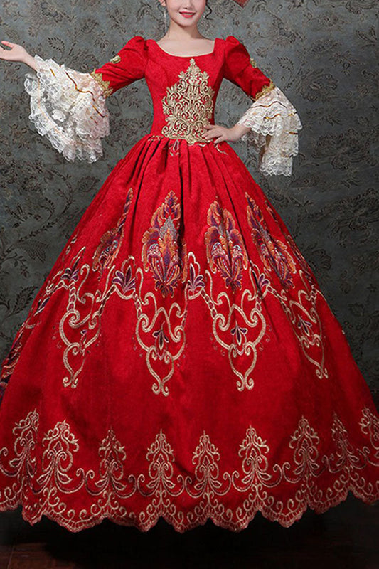 Red Victorian Gown with Bell Sleeves and Floral Embroidery