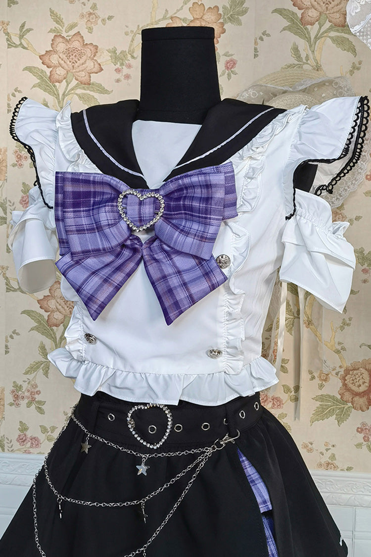 Monochrome Bow-Adorned Sweet Jirai Kei Skirt Set with Short Sleeves
