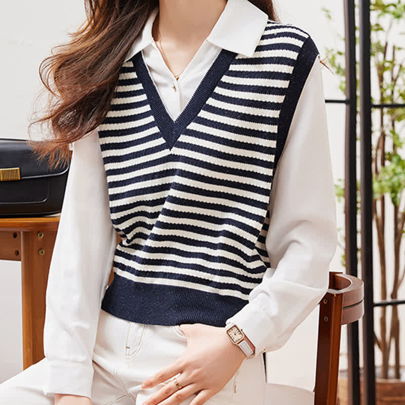 Stripe Fake Two Pieces Knit White Lapel Shirt