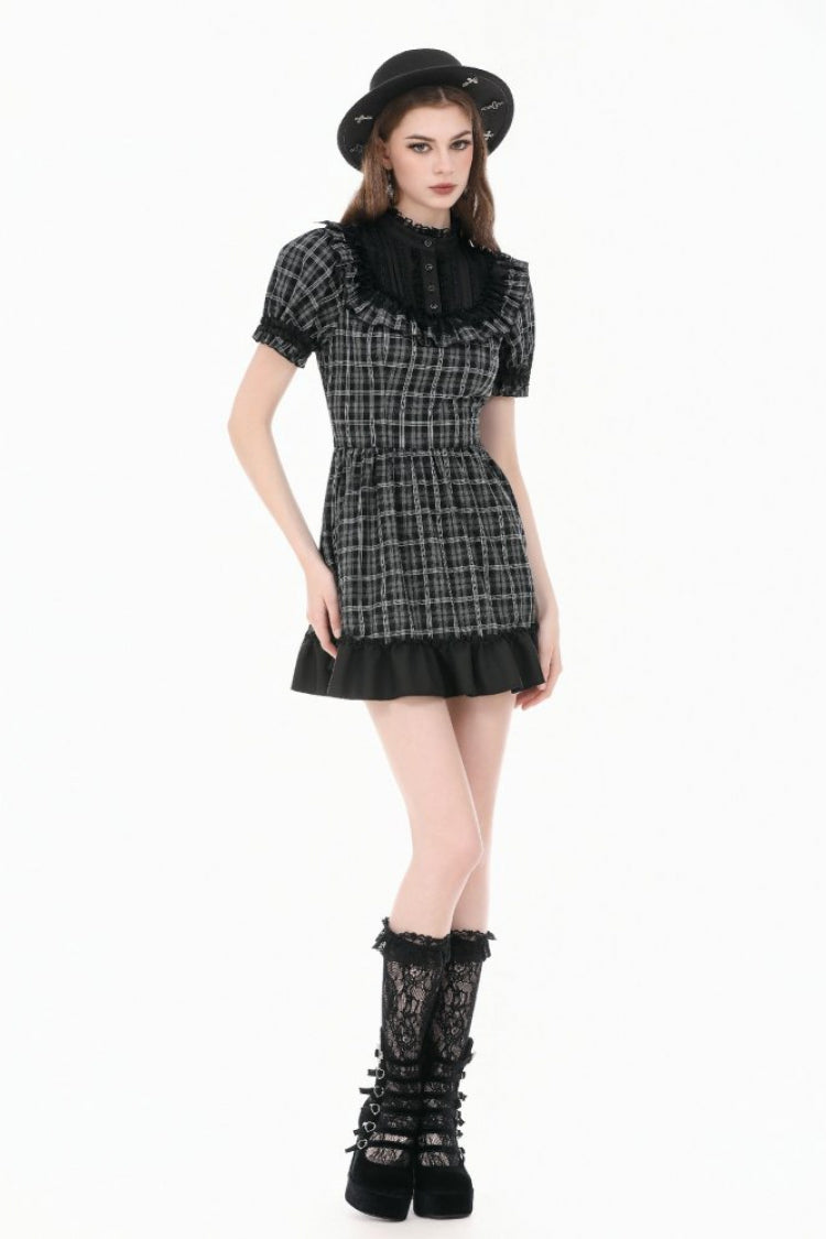 Monochrome Gothic Lolita Dress with Plaid, Stand Collar, and Lace-Up Front