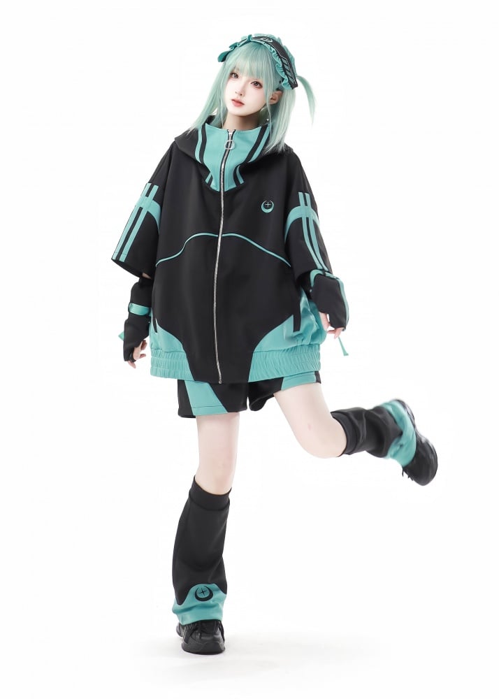 Black&Green Colorblock Zip Hoodie Jirai Kei Sweatshirt