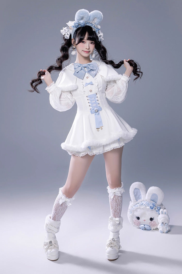 Ivory Ruffled Bow Lace-Up Japanese Dark Jirai Kei Plush Set