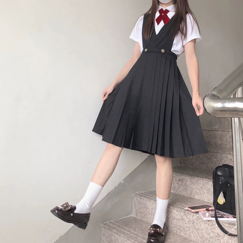 Preppy Style Tie Pleated Suspender Skirt Set