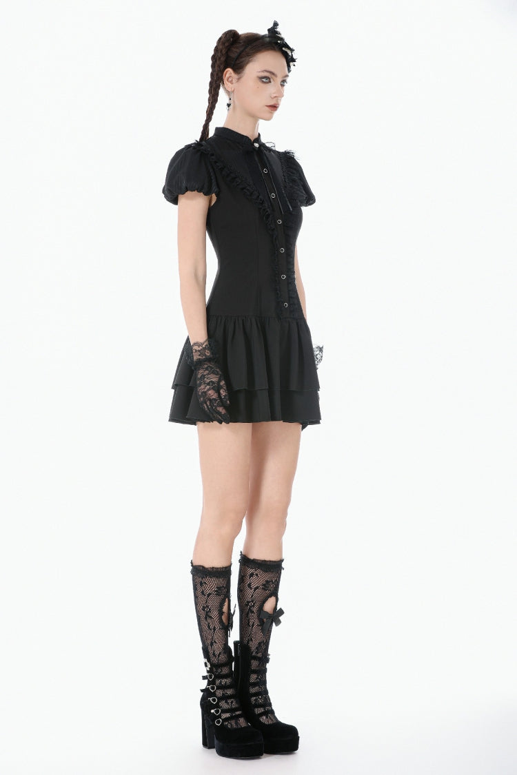 Black Short Sleeves Pleated Bow-Trim Lace Lace-Up Women's Lolita Gothic Dress