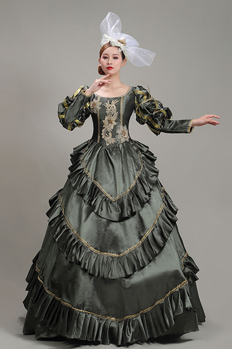 Dark Gray Court Dress with Floral Print and Long Sleeves - Victorian