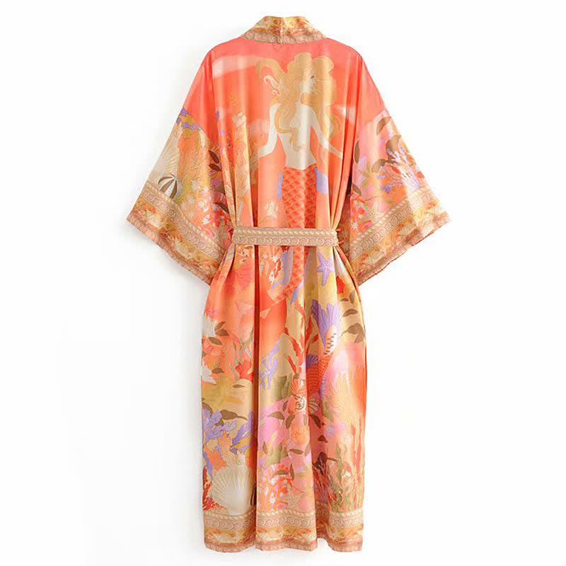 Floral Peacock Mermaid Print Robe Cardigan Outerwear