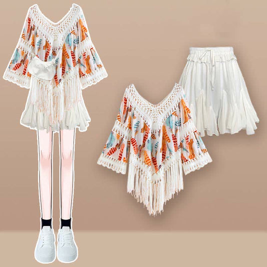 Sweet Boho Print Fringed Hollow Out Shirt Pleated Skirt Slip Dress