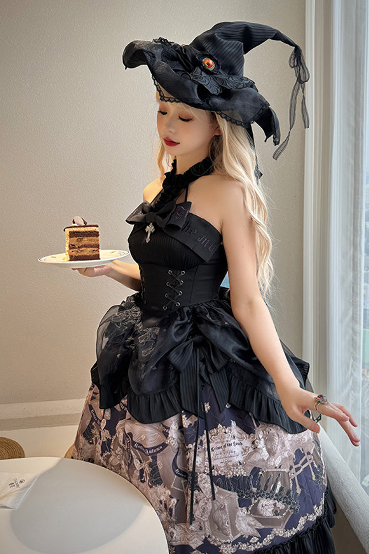 Noir Halter Neck Printed Ruffle Bow Drawstring Gothic Dress - The Mystery of The Doll