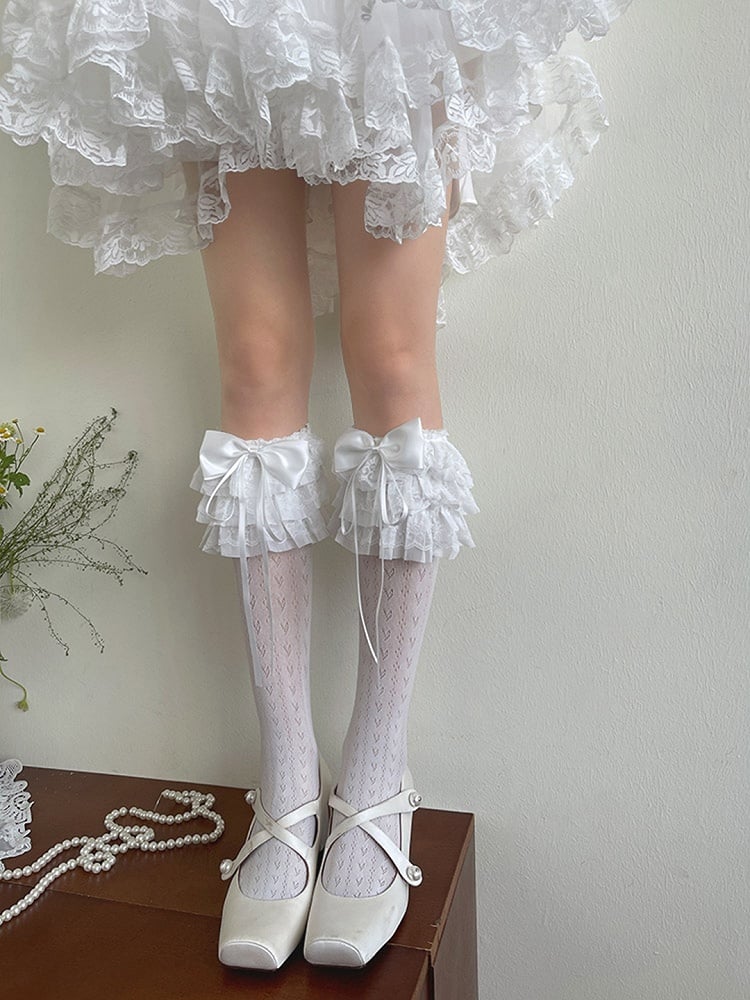 Heart Trims Print White/Black Underknee Stockings Lace Ruffle Bowknot