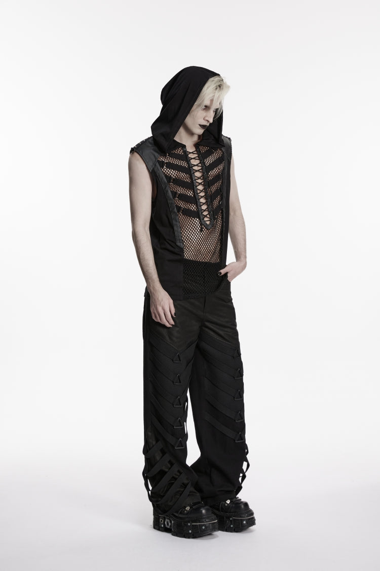 Noir Punk Vest with Hood and Lace-Up Front