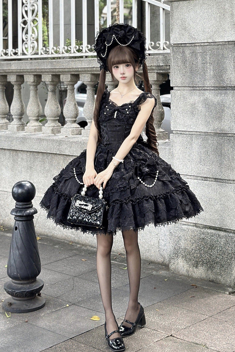 Onyx Sleeveless Ruffle Bow Lace Corset Gothic Ballet Jumper Dress - Rose Princess