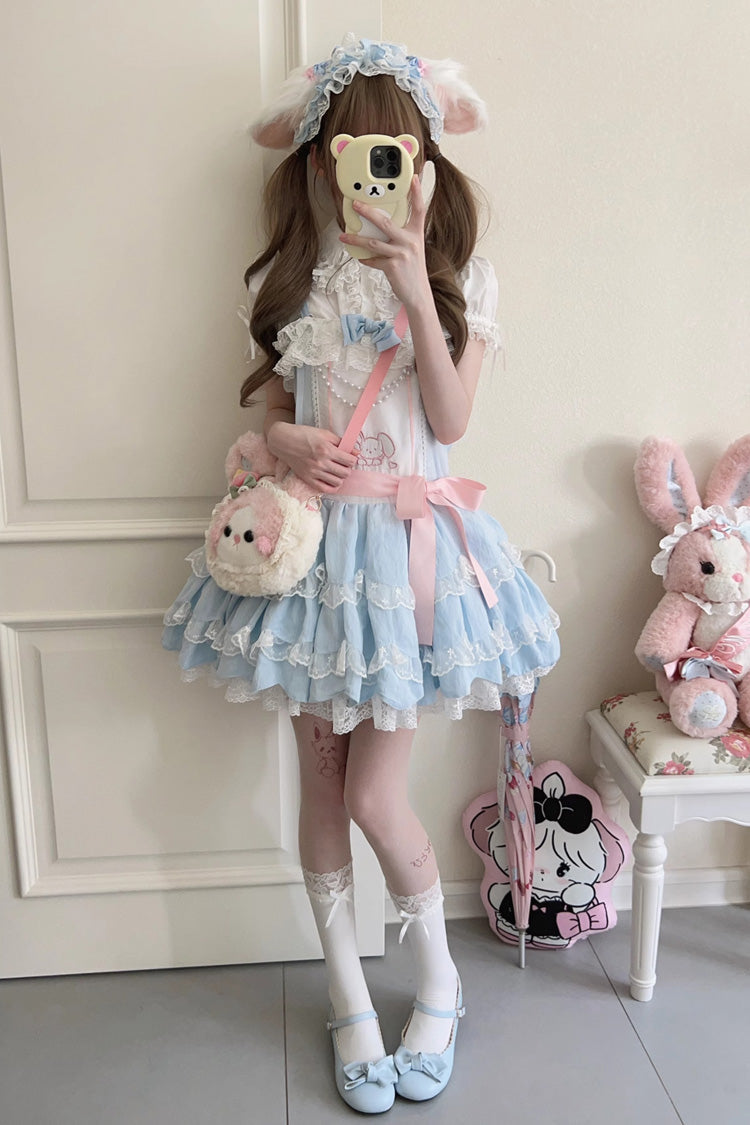 Blue Sleeveless Double Layer Ruffle Rabbit Embroidery Bow Lace Sweet Jsk