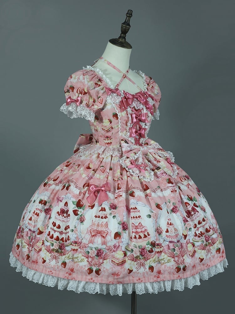 Print Strawberry Pink Sweet Accents Bow Set Full Dress Cake Lolita /