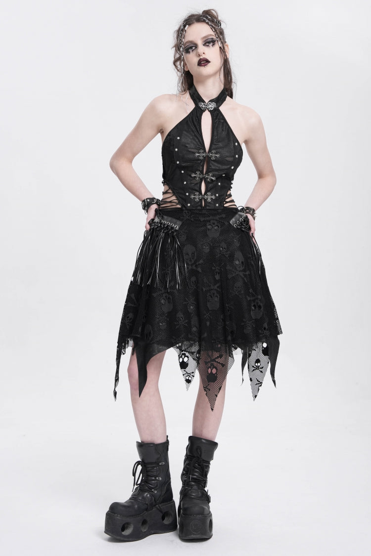 Black Halterneck Sleeveless Skull Print Asymmetrical Punk Gown