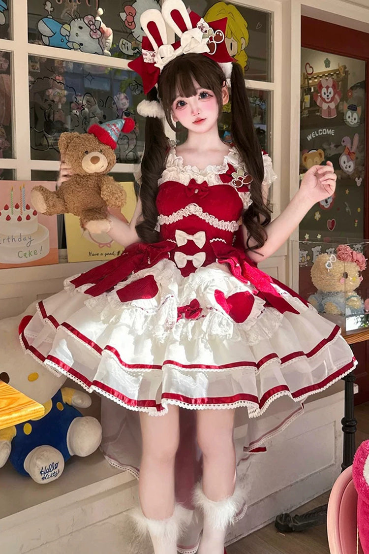 Red [Velvet Rabbit] Sleeveless Multi-Layered Ruffled Bow Sweet Lolita Jsk Dress Set