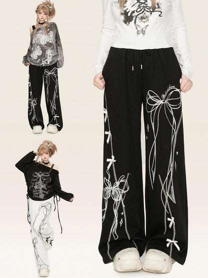 Ribbon Bow Print Straight-leg Cut Sweatpants