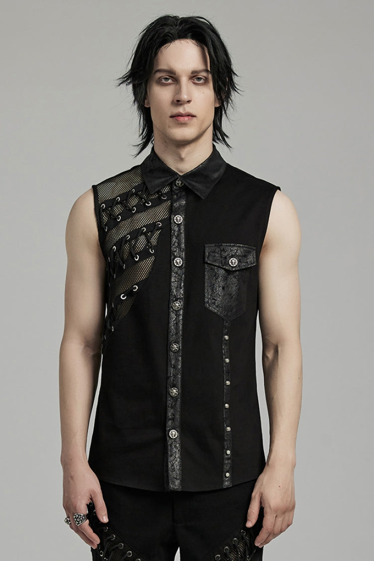 Men's Punk Vest with Hollow Stitching Lace-Up Mesh Design