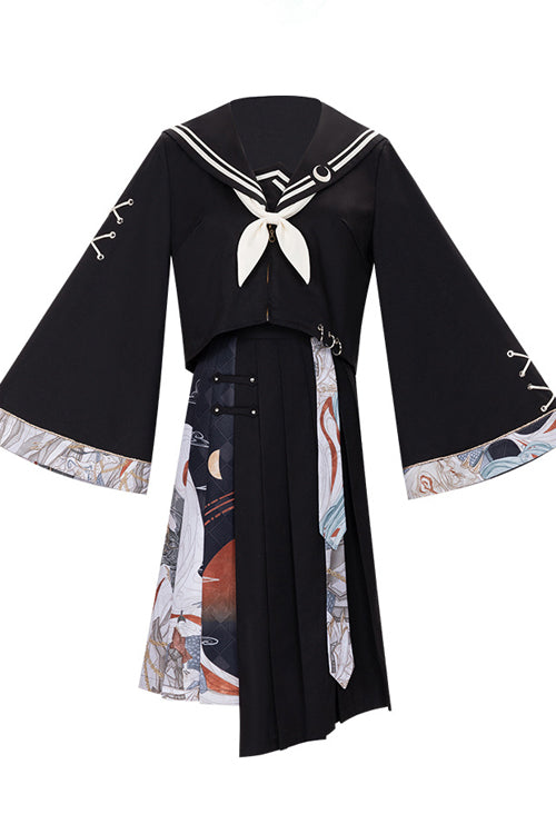 Classic Lolita Dress Set with Chinese Elements, Asymmetric Pleats and Bad Girl Print