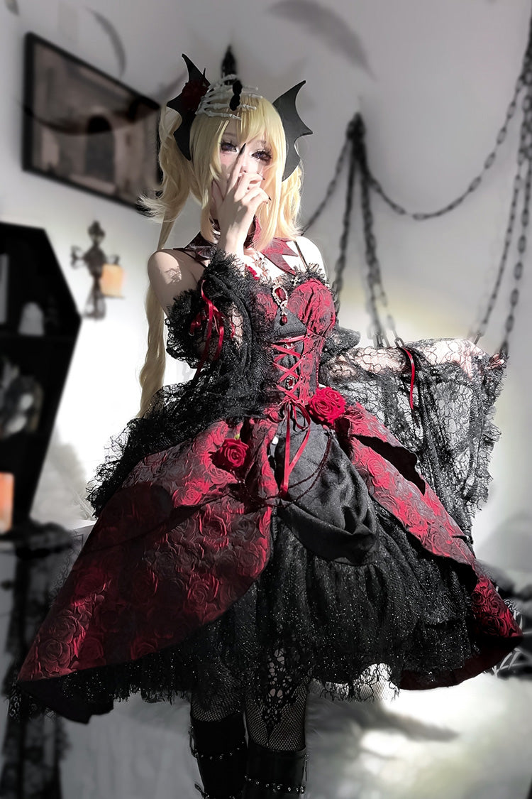 Black and Red Jacquard Print Gothic Lolita Dress with Lace-Up