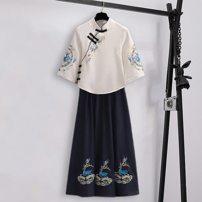 Elegant Deer Embroidery Buckle Shirt Skirt