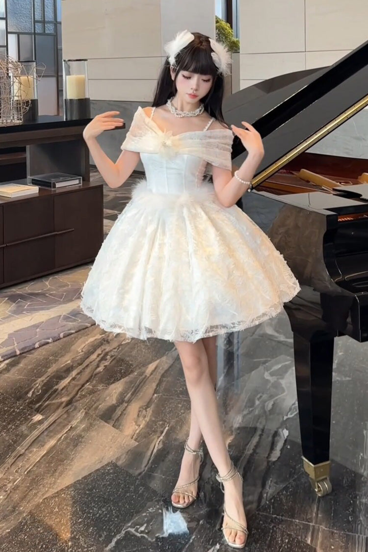 White Moonlight Off-Shoulder Jacquard Embroidered Bow Gothic JSK