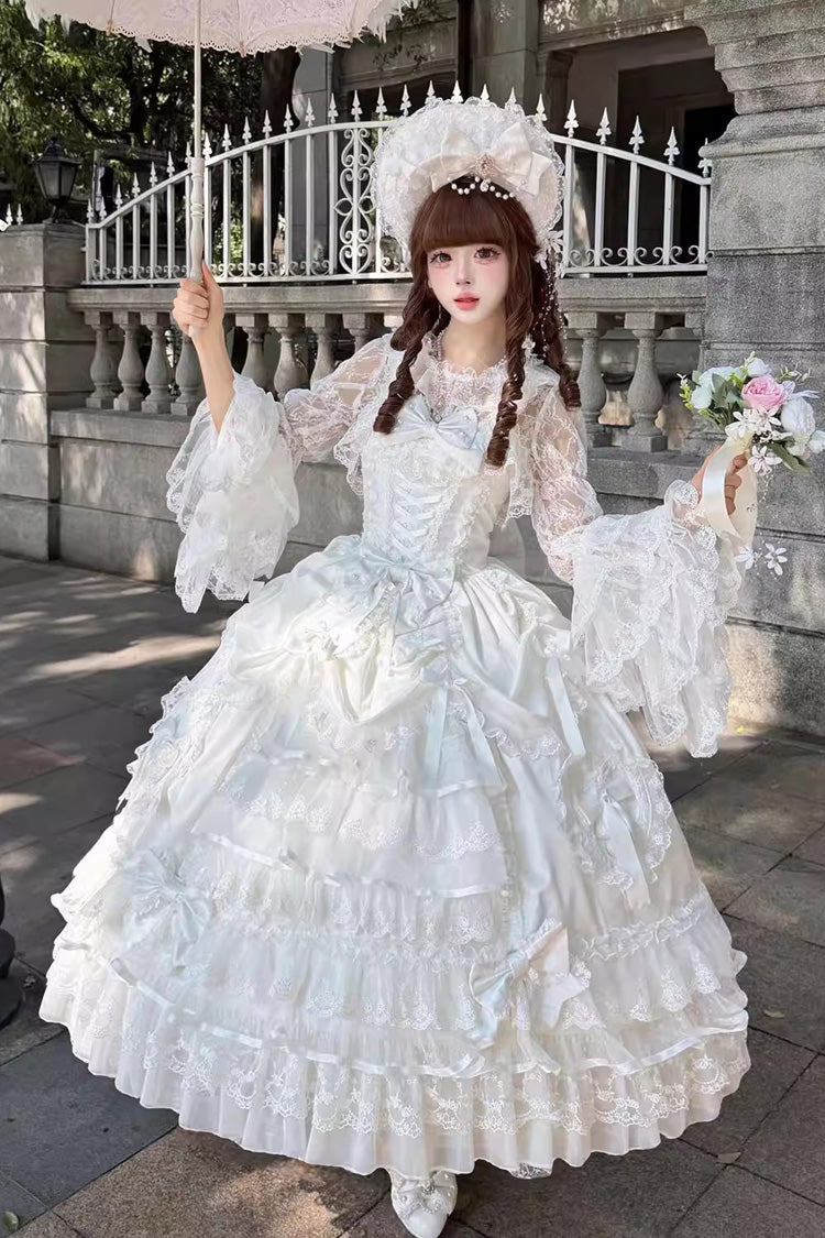 White Ode of the Curtain Multi-Layered Ruffled Hanayome Open-Front Bow Lace Lace-Up Sweet Long Jsk Dress