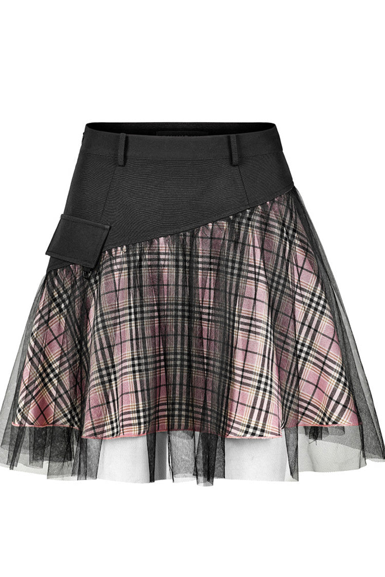 Pink & Black Punk Mesh Skirt with Pocket Accents & Waist Detail