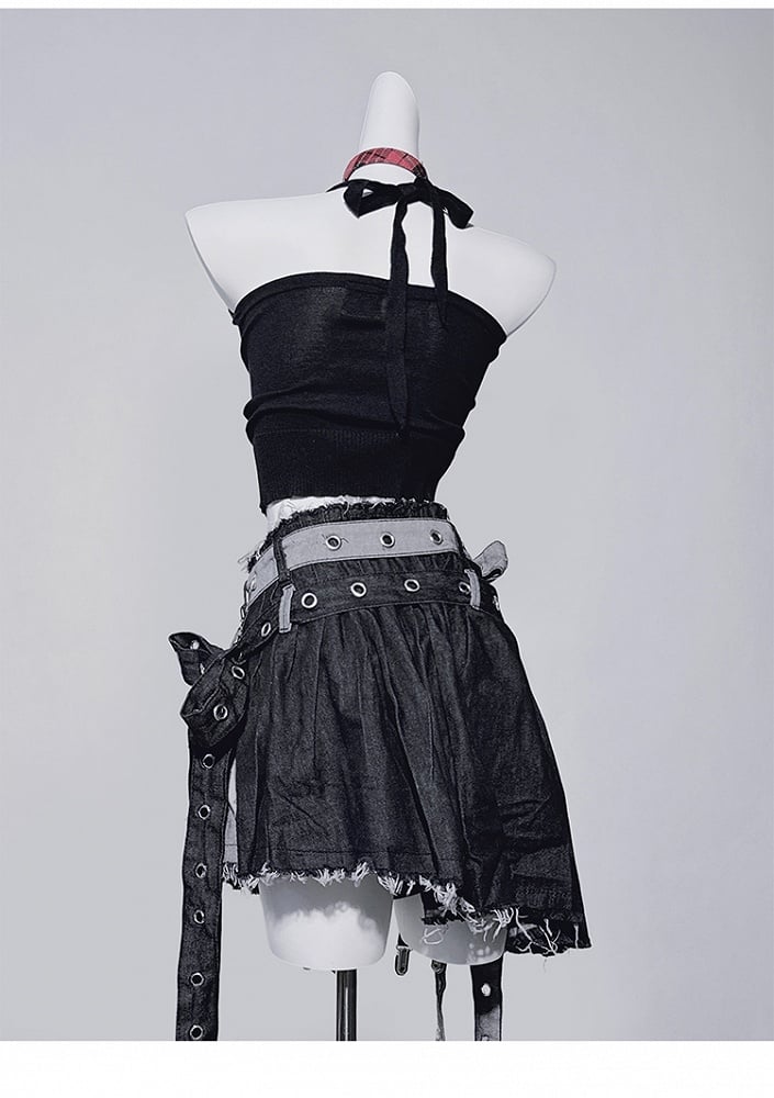 Black Asymmetrical Hem Bow Cross Punk Denim Skirt