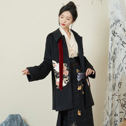 Elegant Bunny Embroideried Coat Shirt Floral High Waist Skirt