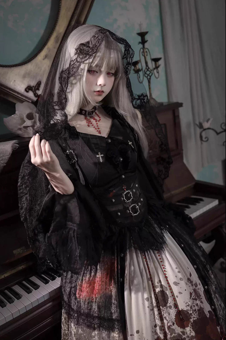 Sleeveless Multi-Layered Printed Ruffled Open-Front Gothic Plus Size Lolita Strap Dress