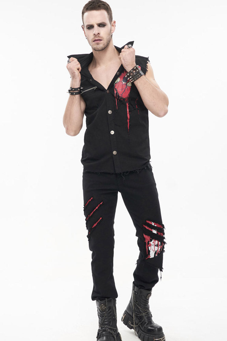 Ripped Leg-Bone Print Punk Trousers in Twill