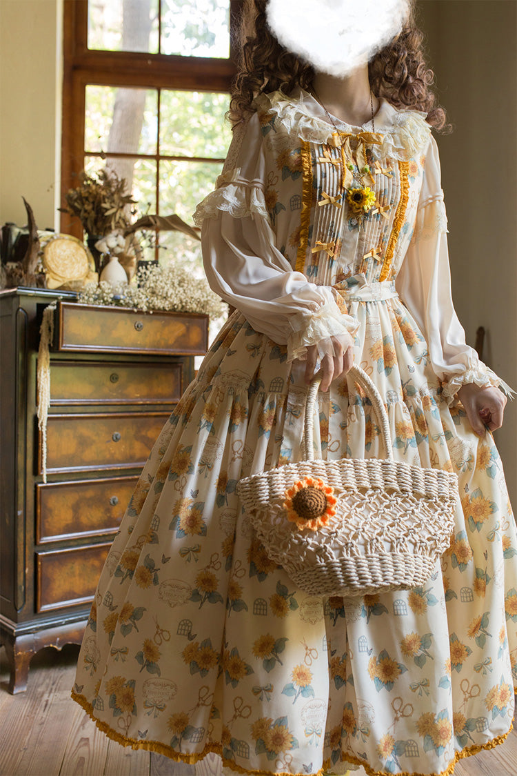 Apricot Sunflower Sleeveless Floral Bow Elegant Jsk Dress