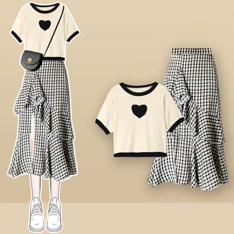 Love Heart Print T-Shirt Lattice Flouncing Split Skirt Set