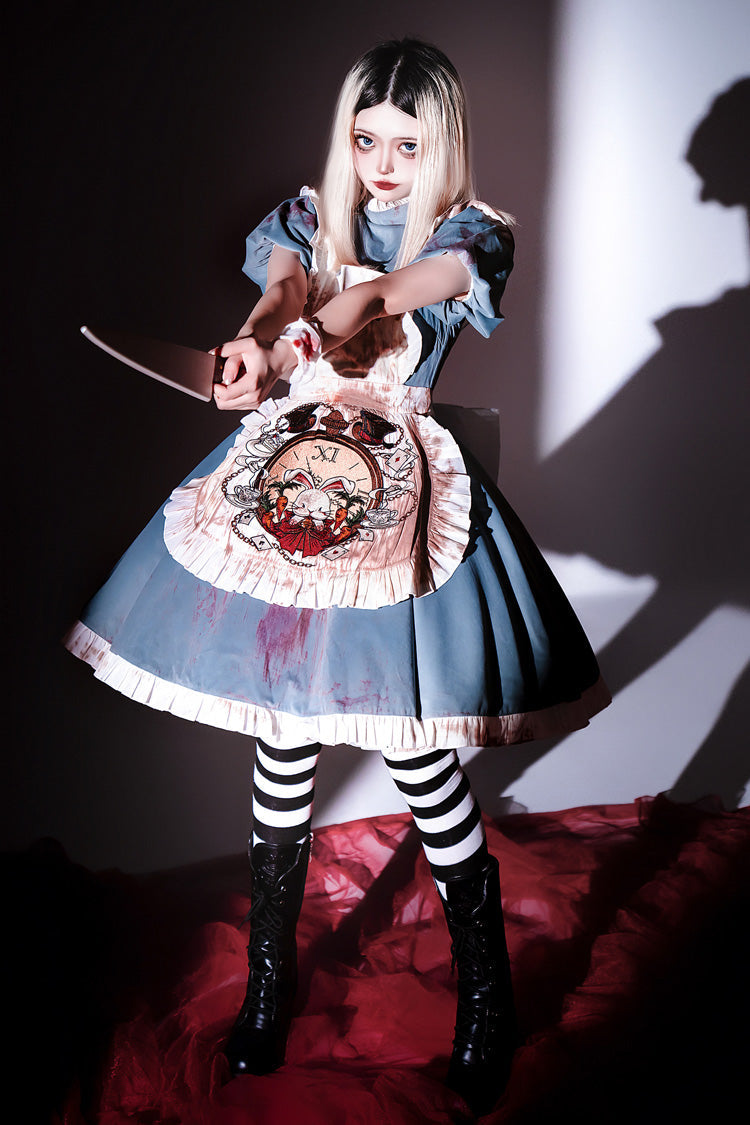 Blue Gothic Lolita Dress with Long Sleeves and Ruffles