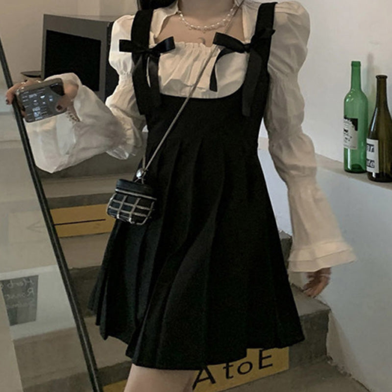 Sweet Square Collar Puff Sleeve Shirt Pleated Suspender Skirt Set