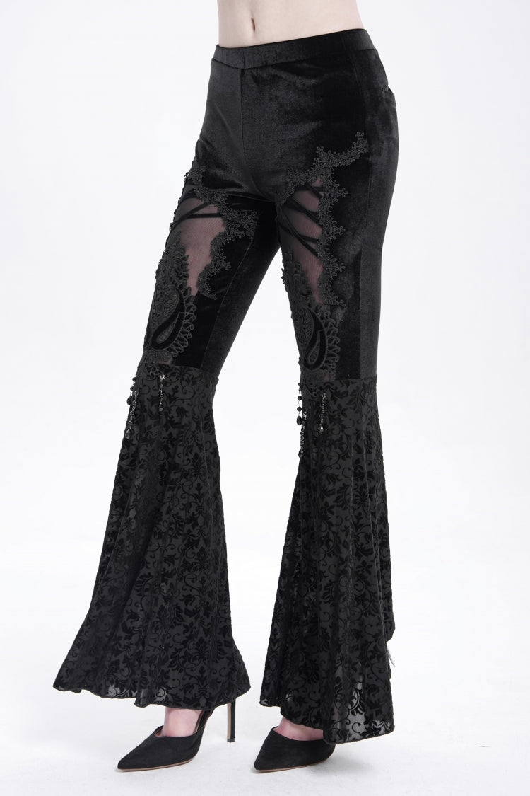Floral Embroidered Flared Gothic Pants with Cutout Design for Women
