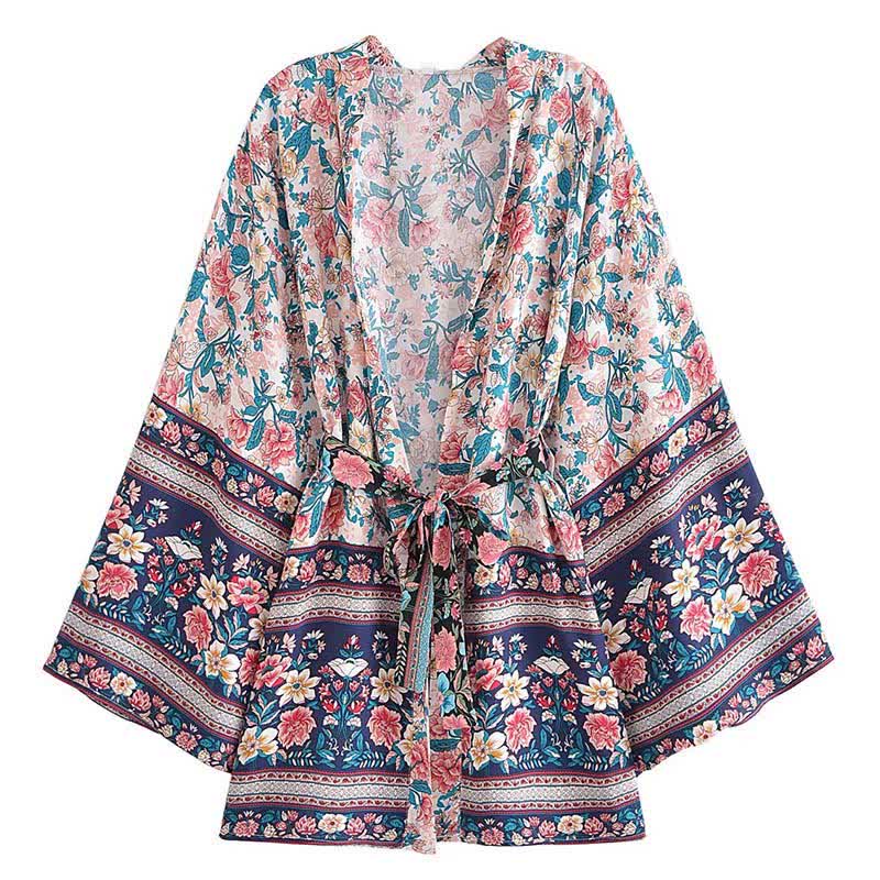 Boho Flower Print Belt Cardigan Outerwear