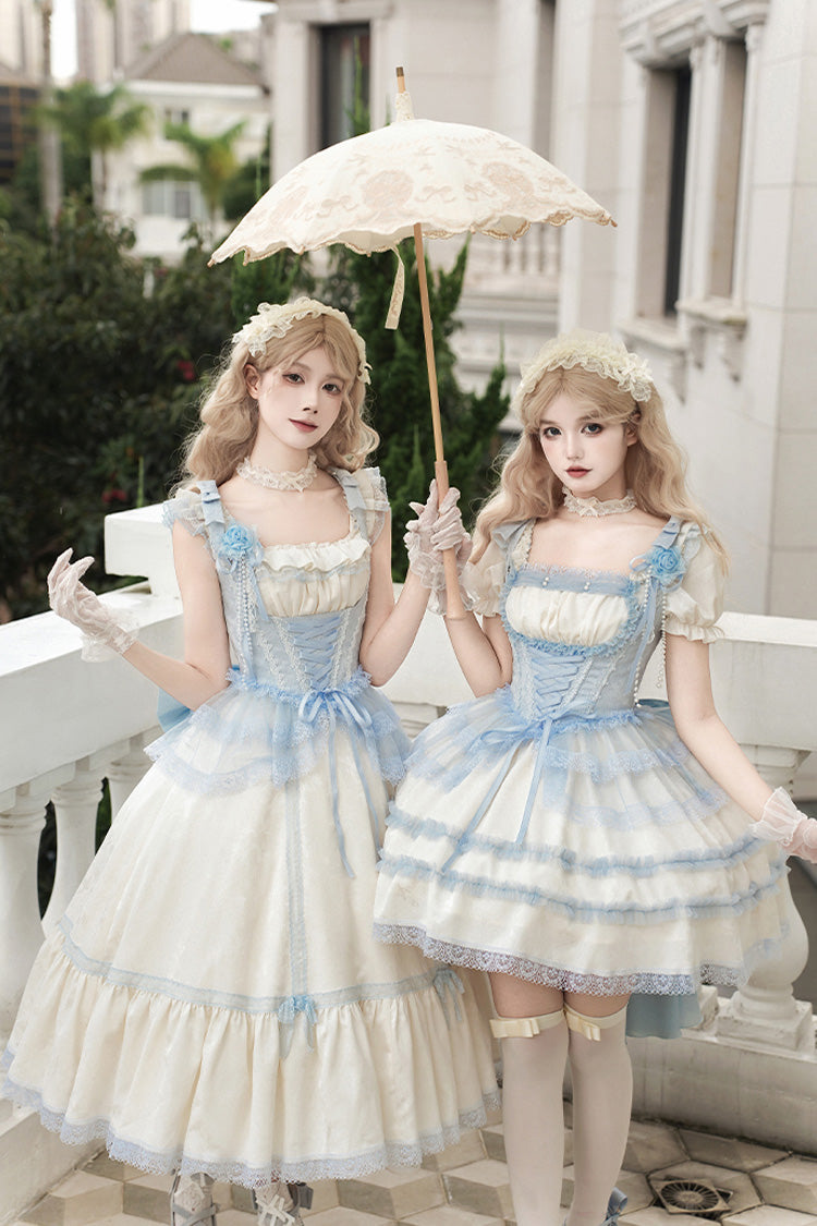 Ivory Square Collar Flutter Sleeve Ruffle Fishbone Sweet Long Jumper - Sea Salt Iced Tea