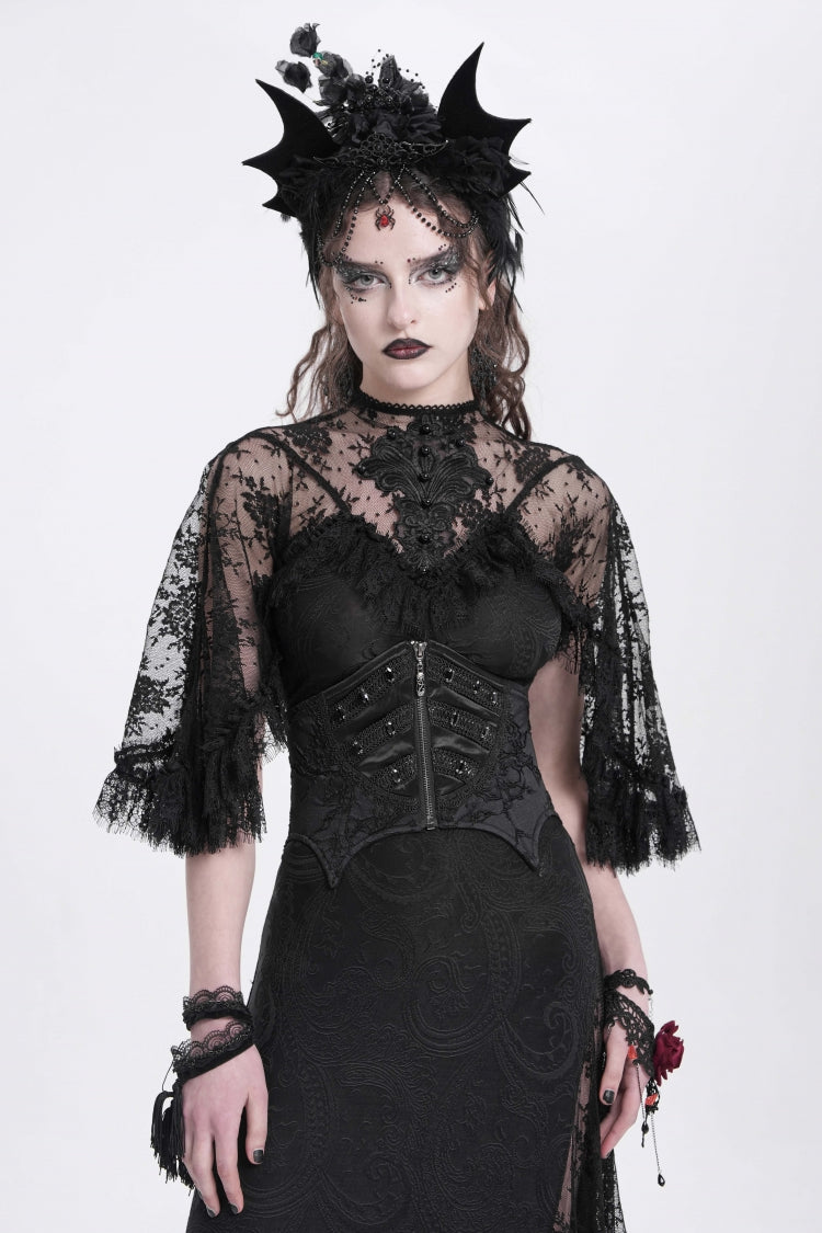 Underbust Corset with Batwing Beaded Lace-Up & Zip Closure