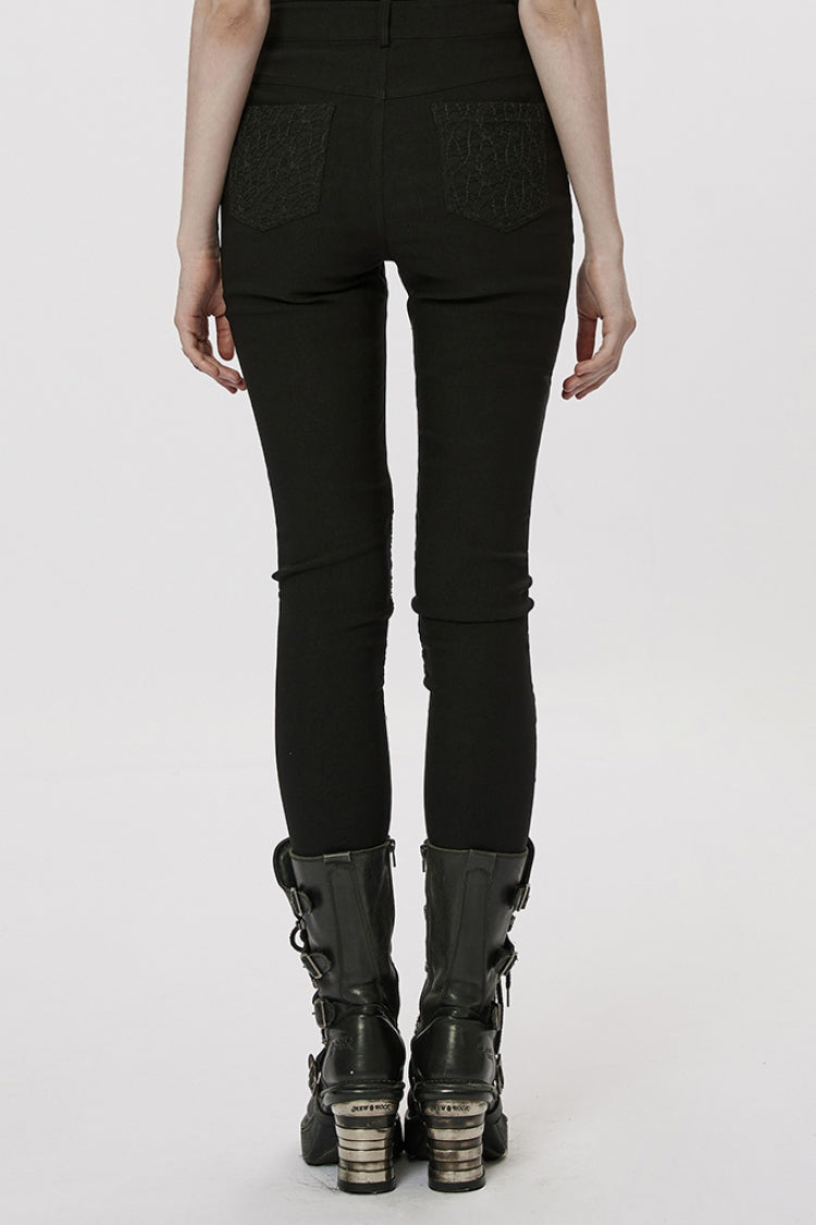 Gothic Leggings with Mesh Panels, Buckle Straps & Stitched Cutout Design